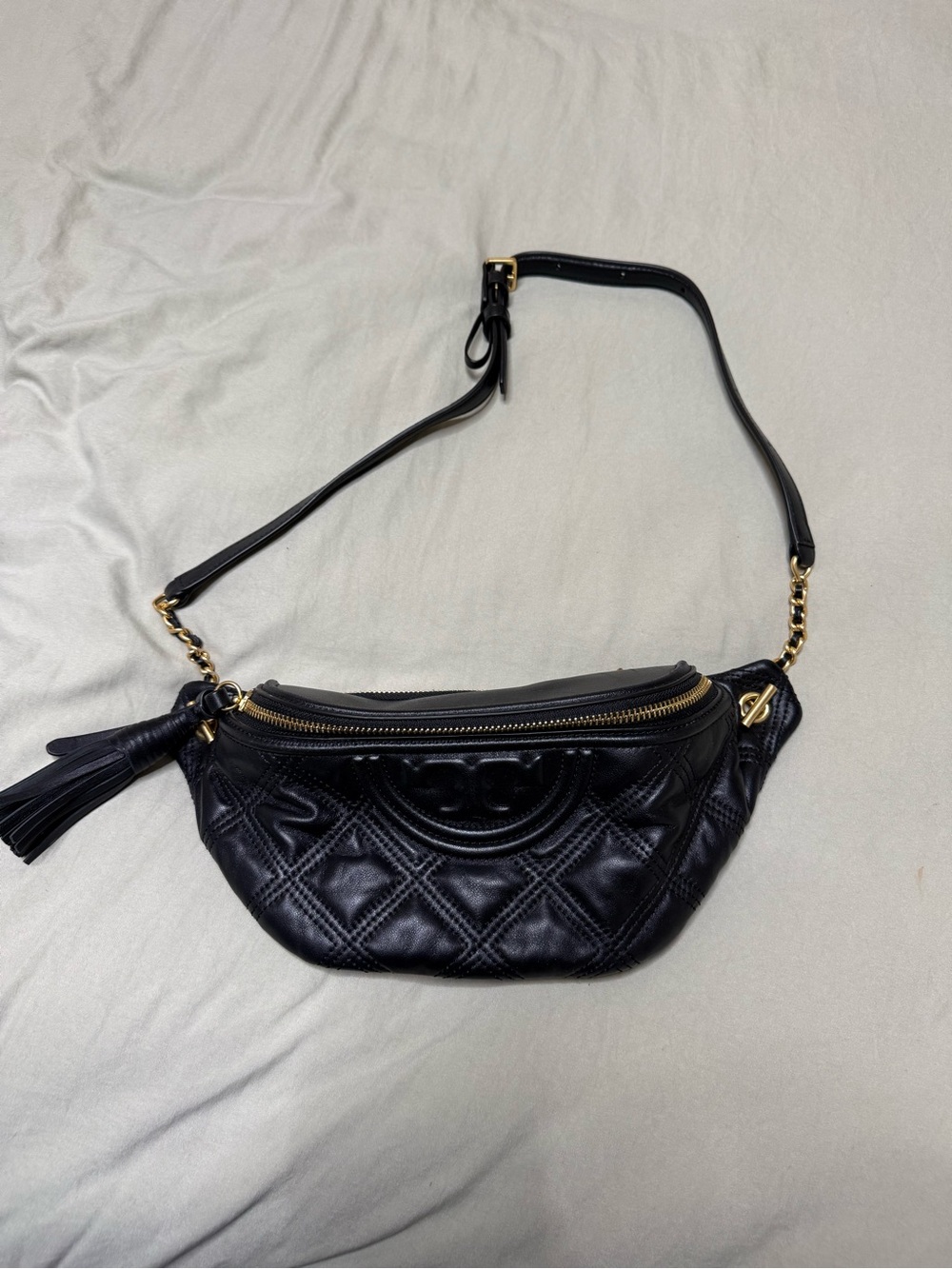 Tory Burch Black Quilted Leather Belt Bag with Tassel and Gold Hardware